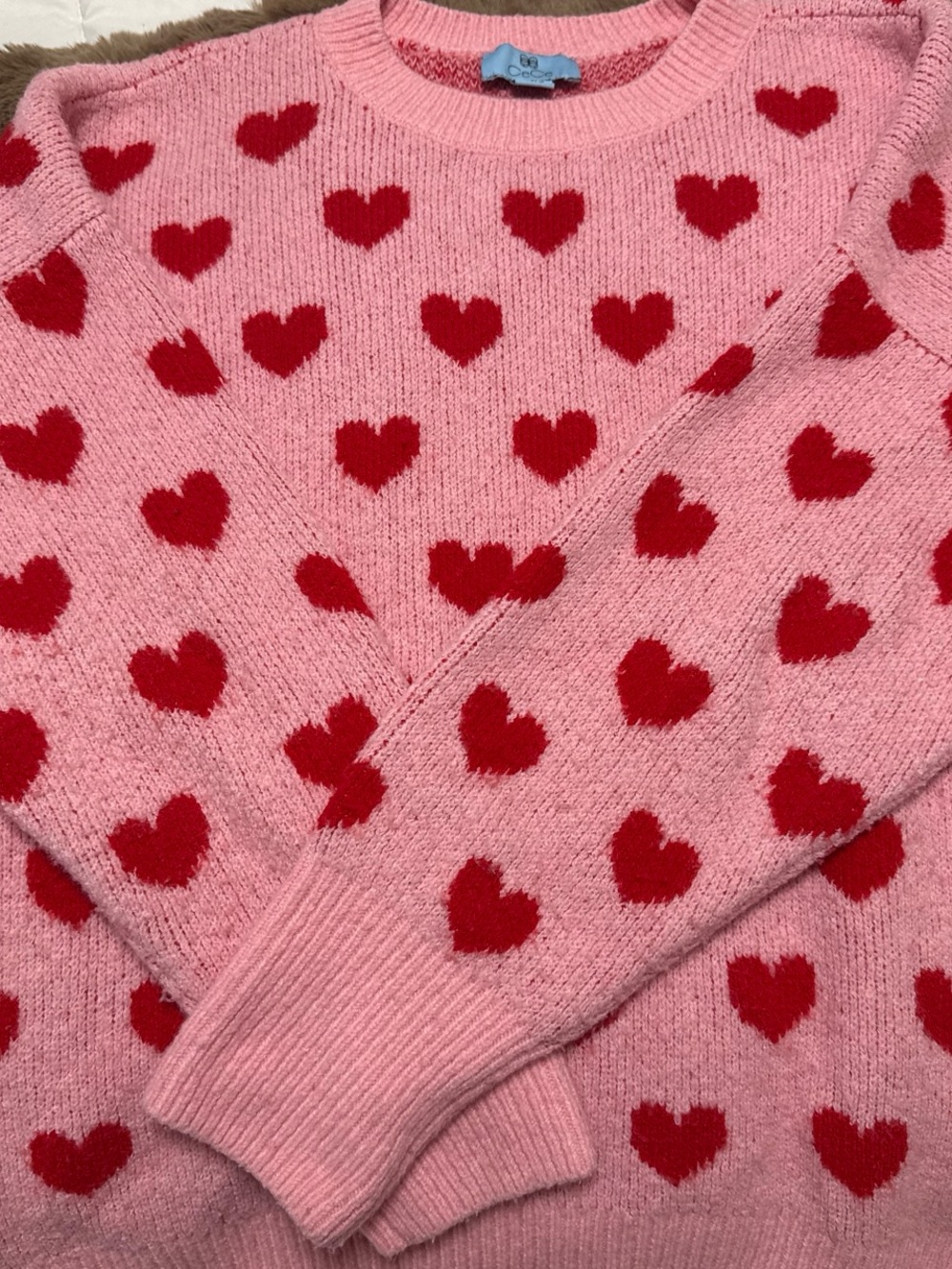 CeCe Pink Sweater with Red Heart Pattern